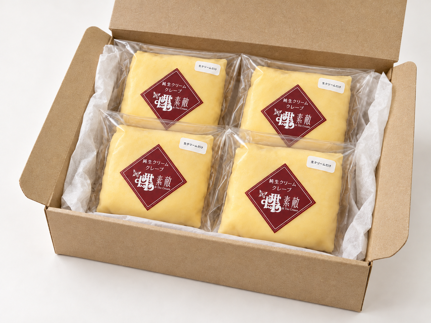 純生クリームクレープの箱とセット内容